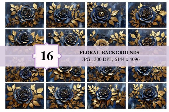 16 Floral Backgrounds 50: Deep Blue & Gold Elegance