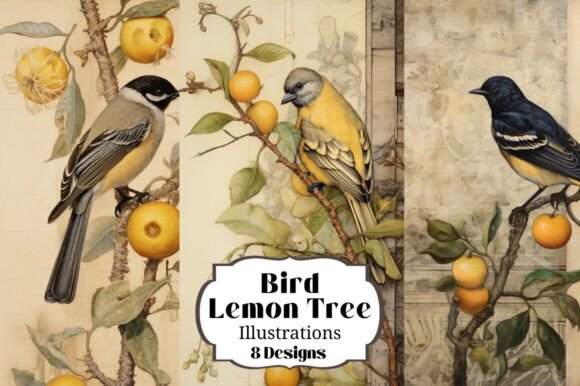 Charming Botanical Art: 8 Birds and Lemon Tree JJ Backgrounds