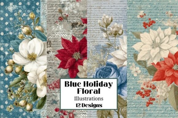 Elegant Blue Floral Christmas Junk Journal Backgrounds