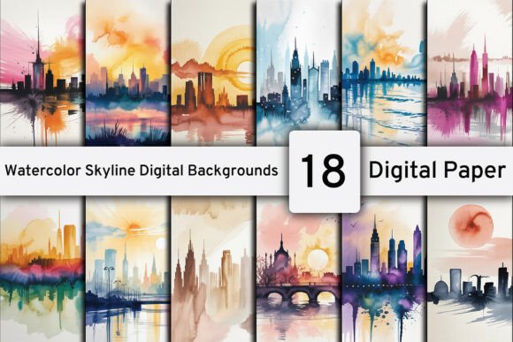 Watercolor Skyline Digital Backgrounds: Effortless Urban Artistry